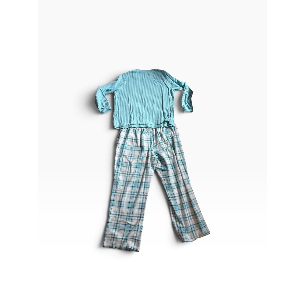 Croft & Barrow Pajama Set XXL Blue Plaid Fleece Ribbed Long Sleeve Loungewear